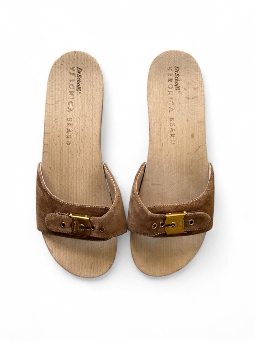 Veronica Beard Tan Suede Slide Sandals with Gold Buckle
